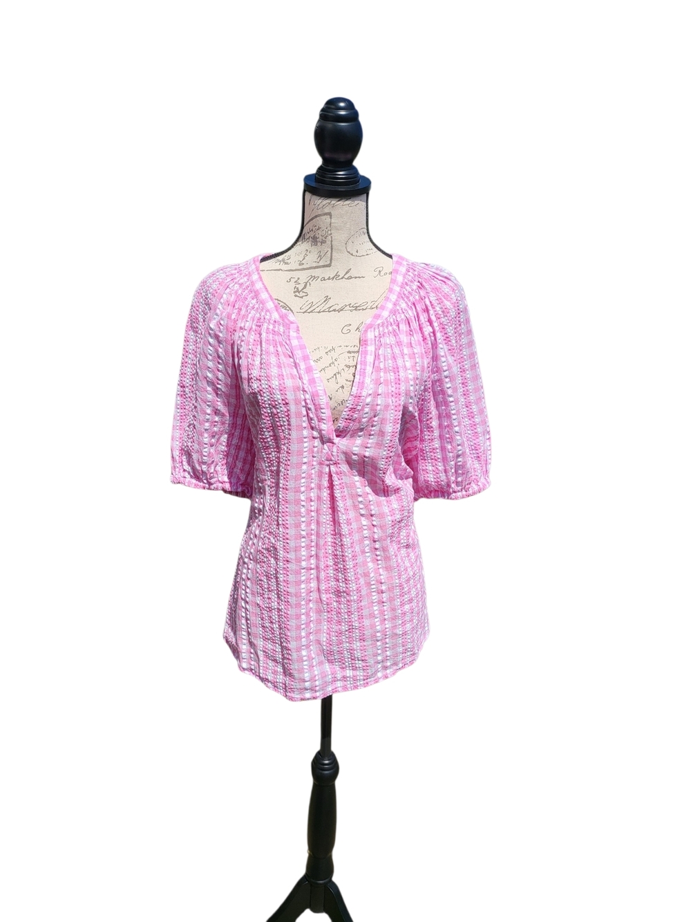 Crown & Ivy 2X Pink White Gingham Textured Cotton Blouse Puff Sleeve Top - Picture 2 of 6